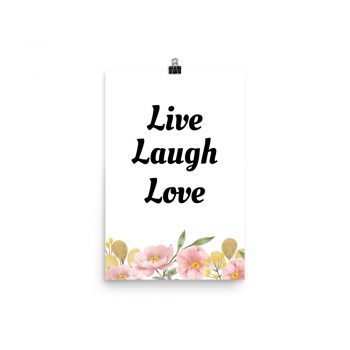 Poster Watercolor Pink Yellow Flowers Beige Green Leaves Live Laugh Love Wall Art Portrait Print - Add Your Own 3 Words Text - Personalize Customize