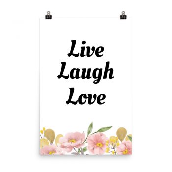 Poster Watercolor Pink Yellow Flowers Beige Green Leaves Live Laugh Love Wall Art Portrait Print - Add Your Own 3 Words Text - Personalize Customize