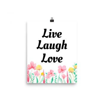 Poster Watercolor Pink Yellow Flowers Mint Green Leaves Leaf Live Laugh Love Portrait Print - Add Your Own 3 Words Text - Personalize Customize