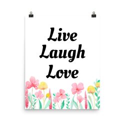 Poster Watercolor Pink Yellow Flowers Mint Green Leaves Leaf Live Laugh Love Portrait Print - Add Your Own 3 Words Text - Personalize Customize