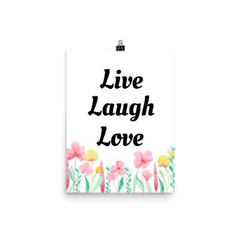 Poster Watercolor Pink Yellow Flowers Mint Green Leaves Leaf Live Laugh Love Portrait Print - Add Your Own 3 Words Text - Personalize Customize