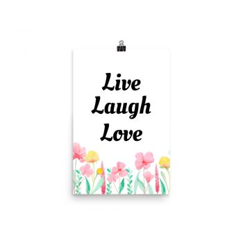 Poster Watercolor Pink Yellow Flowers Mint Green Leaves Leaf Live Laugh Love Portrait Print - Add Your Own 3 Words Text - Personalize Customize