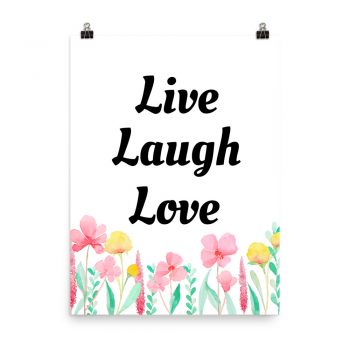 Poster Watercolor Pink Yellow Flowers Mint Green Leaves Leaf Live Laugh Love Portrait Print - Add Your Own 3 Words Text - Personalize Customize