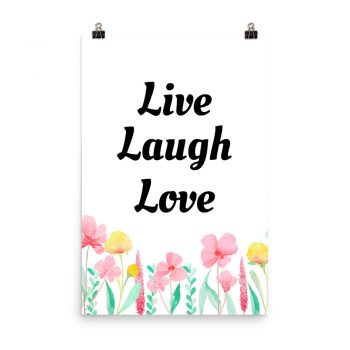 Poster Watercolor Pink Yellow Flowers Mint Green Leaves Leaf Live Laugh Love Portrait Print - Add Your Own 3 Words Text - Personalize Customize