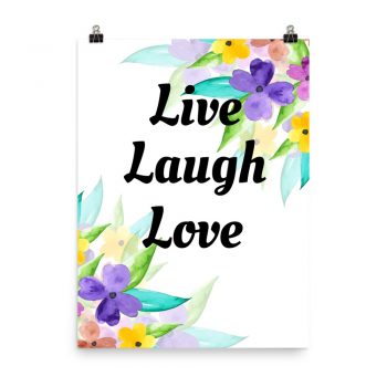 Poster Watercolor Purple Pink Yellow Flowers Live Laugh Love Wall Art Portrait Print - Add Your Own 3 Words Text - Personalize Customize