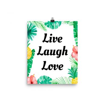 Poster Watercolor Tropical Pink Flowers Live Laugh Love Wall Art Portrait Print - Add Your Own 3 Words Text - Personalize Customize