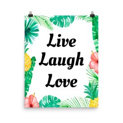Poster Watercolor Tropical Pink Flowers Live Laugh Love Wall Art Portrait Print - Add Your Own 3 Words Text - Personalize Customize