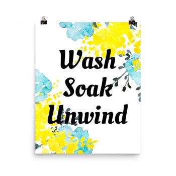 Poster Watercolor Turquoise Blue Yellow Flowers Wash Soak Unwind Wall Art Portrait Print - Add Your Own 3 Words Text - Personalize Customize