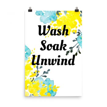 Poster Watercolor Turquoise Blue Yellow Flowers Wash Soak Unwind Wall Art Portrait Print - Add Your Own 3 Words Text - Personalize Customize