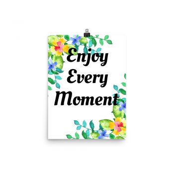 Poster Watercolor Yellow Blue Green Flowers Enjoy Every Moment Portrait Print - Add Your Own 3 Words Text - Personalize Customize