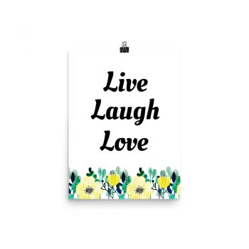 Poster Watercolor Yellow Flowers Green Leaves Leaf Live Laugh Love Wall Art Portrait Print - Add Your Own 3 Words Text - Personalize Customize