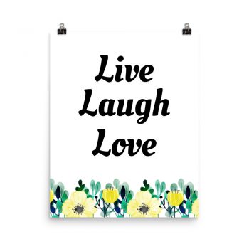 Poster Watercolor Yellow Flowers Green Leaves Leaf Live Laugh Love Wall Art Portrait Print - Add Your Own 3 Words Text - Personalize Customize