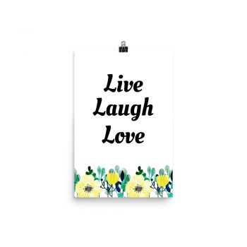 Poster Watercolor Yellow Flowers Green Leaves Leaf Live Laugh Love Wall Art Portrait Print - Add Your Own 3 Words Text - Personalize Customize