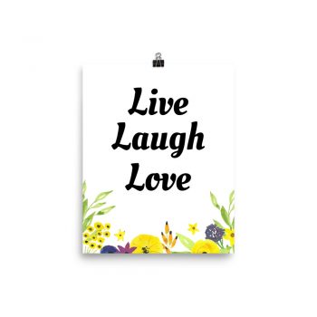 Poster Watercolor Yellow Purple Flowers Live Laugh Love Wall Art Portrait Print - Add Your Own 3 Words Text - Personalize Customize