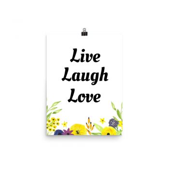 Poster Watercolor Yellow Purple Flowers Live Laugh Love Wall Art Portrait Print - Add Your Own 3 Words Text - Personalize Customize