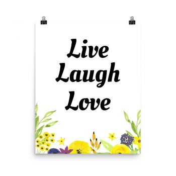 Poster Watercolor Yellow Purple Flowers Live Laugh Love Wall Art Portrait Print - Add Your Own 3 Words Text - Personalize Customize