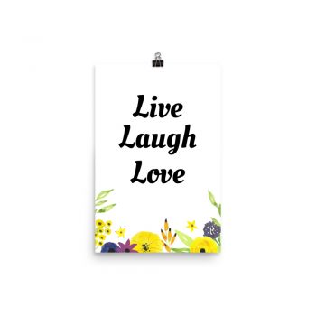 Poster Watercolor Yellow Purple Flowers Live Laugh Love Wall Art Portrait Print - Add Your Own 3 Words Text - Personalize Customize