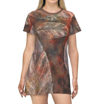 T-Shirt Dress Colorful Leaves Leaf Print Grey Beige Cream Brown Nature Art Print Old Antique Vintage