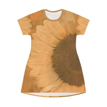 T-Shirt Dress Large Sunflower Flower Art Print Old Antique Vintage Beige Yellow Brown