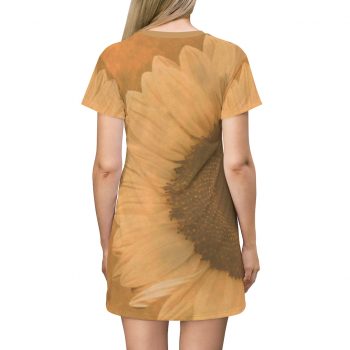 T-Shirt Dress Large Sunflower Flower Art Print Old Antique Vintage Beige Yellow Brown