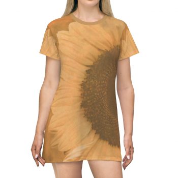 T-Shirt Dress Large Sunflower Flower Art Print Old Antique Vintage Beige Yellow Brown