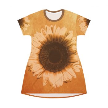 T-Shirt Dress Sunflower Flower Art Print Old Antique Vintage Beige Yellow Brown Gold