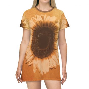 T-Shirt Dress Sunflower Flower Art Print Old Antique Vintage Beige Yellow Brown Gold