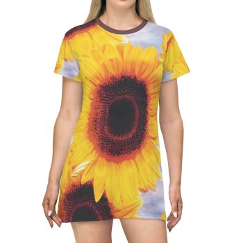 T-Shirt Dress Sunflowers Flower Art Print Old Antique Vintage Blue Yellow Brown