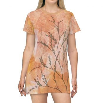 T-Shirt Dress Wheat Field Flowers Print Beige Landscape Nature Art Print Old Antique Vintage