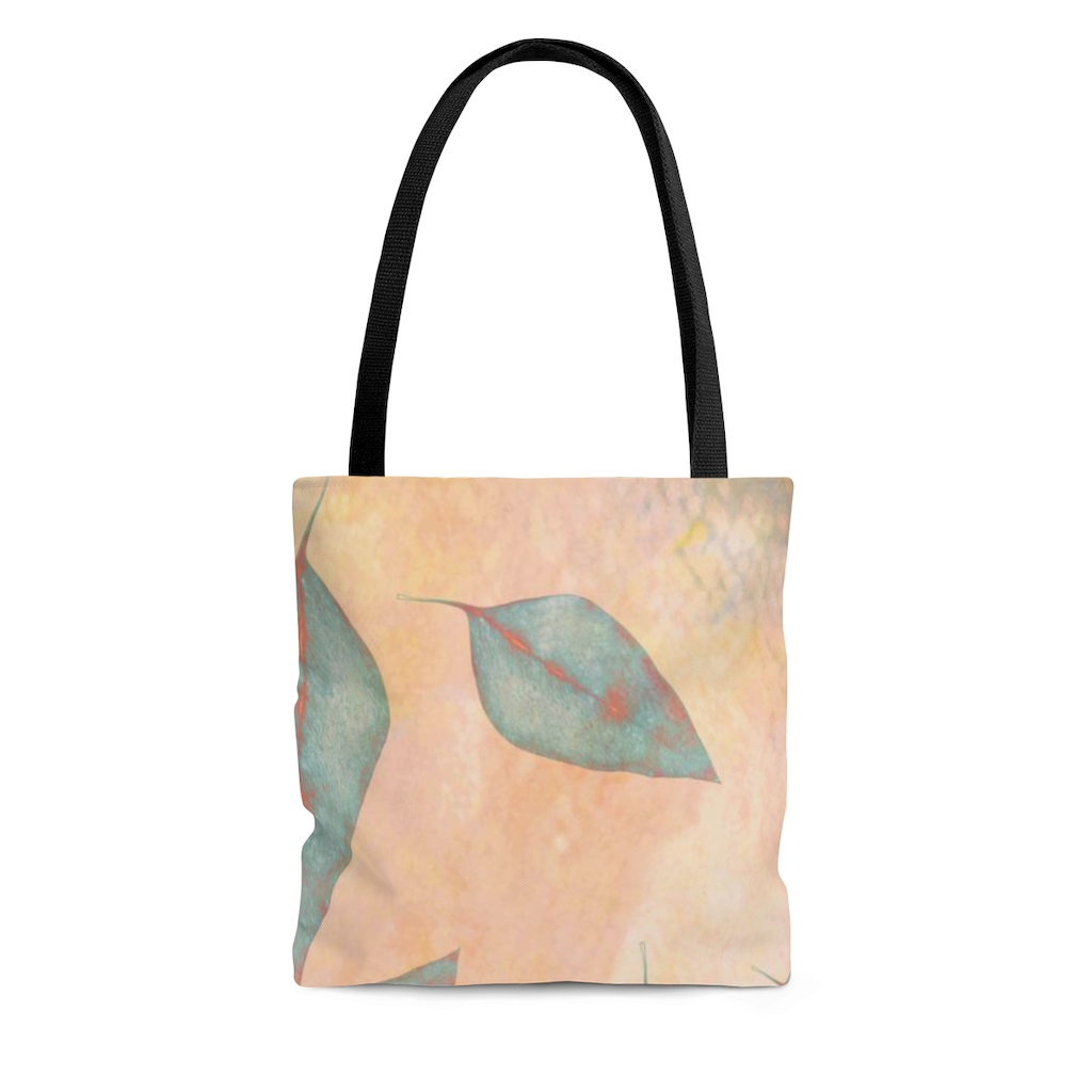 Tote Bag Colorful Blue Leaves Leaf Beige Cream Coral Brown Art Print Old Antique Vintage