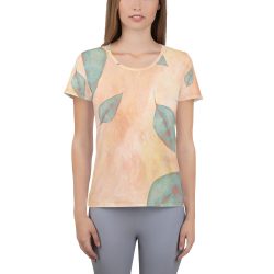 Women's Athletic T-shirt Colorful Blue Leaves Leaf Beige Cream Coral Brown Art Print Old Antique Vintage