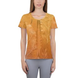 Women's Athletic T-shirt Golden Brown Leaf Print Beige Gold Nature Art Print Old Antique Vintage