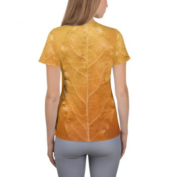 Women's Athletic T-shirt Golden Leaf Vein Print Beige Gold Nature Art Print Old Antique Vintage