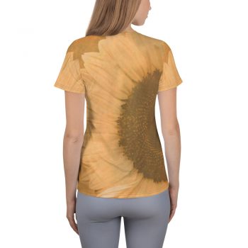 Women's Athletic T-shirt Large Sunflower Flower Art Print Old Antique Vintage Beige Yellow Brown