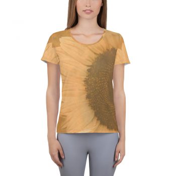 Women's Athletic T-shirt Large Sunflower Flower Art Print Old Antique Vintage Beige Yellow Brown