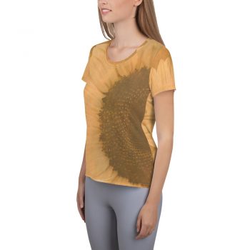 Women's Athletic T-shirt Large Sunflower Flower Art Print Old Antique Vintage Beige Yellow Brown