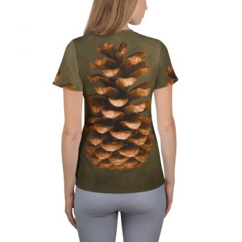 Women's Athletic T-shirt Pine Cone Print Beige Green Brown Nature Art Print Old Antique Vintage