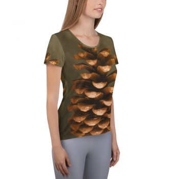 Women's Athletic T-shirt Pine Cone Print Beige Green Brown Nature Art Print Old Antique Vintage