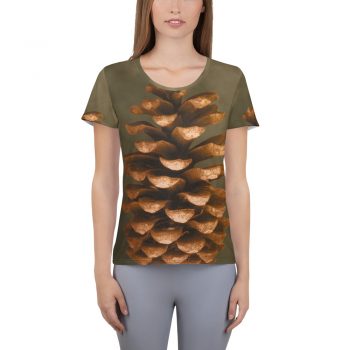 Women's Athletic T-shirt Pine Cone Print Beige Green Brown Nature Art Print Old Antique Vintage