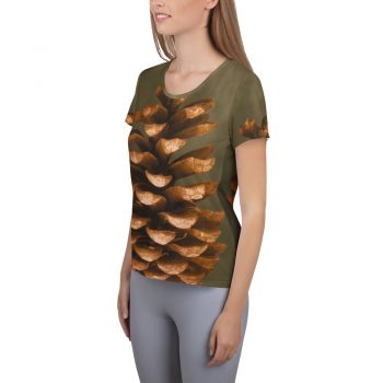 Women's Athletic T-shirt Pine Cone Print Beige Green Brown Nature Art Print Old Antique Vintage