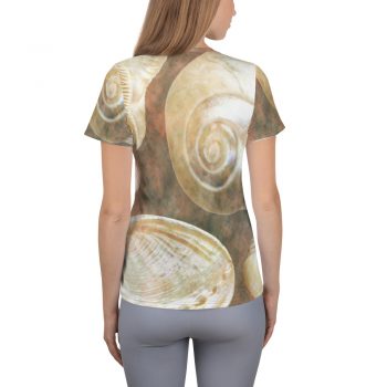 Women's Athletic T-shirt Sea Shells Seashells Ocean Grey Silver Beige Sand Art Print Old Antique Vintage