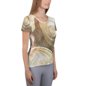 Women's Athletic T-shirt Sea Shells Seashells Ocean Grey Silver Beige Sand Art Print Old Antique Vintage