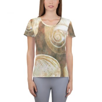 Women's Athletic T-shirt Sea Shells Seashells Ocean Grey Silver Beige Sand Art Print Old Antique Vintage