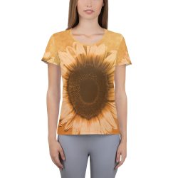 Women's Athletic T-shirt Sunflower Flower Art Print Old Antique Vintage Beige Yellow Brown Gold