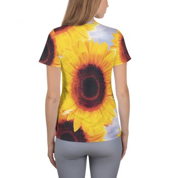 Women's Athletic T-shirt Sunflowers Flower Art Print Old Antique Vintage Blue Yellow Brown