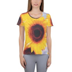 Women's Athletic T-shirt Sunflowers Flower Art Print Old Antique Vintage Blue Yellow Brown