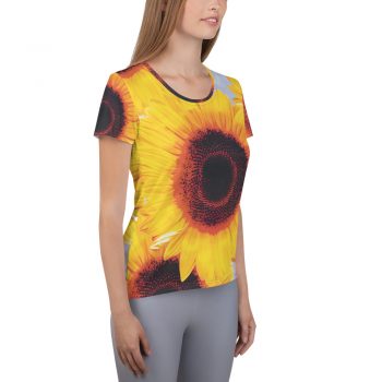 Women's Athletic T-shirt Sunflowers Flower Art Print Old Antique Vintage Blue Yellow Brown