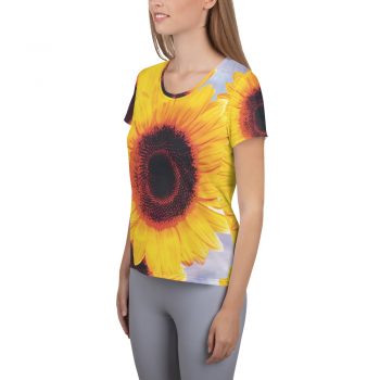 Women's Athletic T-shirt Sunflowers Flower Art Print Old Antique Vintage Blue Yellow Brown