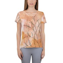 Women's Athletic T-shirt Wheat Field Flowers Print Beige Landscape Nature Art Print Old Antique Vintage