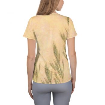 Women's Athletic T-shirt Wheat Field Green Beige Landscape Nature Art Print Old Antique Vintage